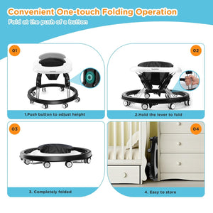 One-Touch Folding Baby Walker, Anti-Roll 8-Wheel round Chassis, 5-Speed Height Adjustment, with Large Dinner Plate and Brake, 6-18 Months Baby Walker, Black