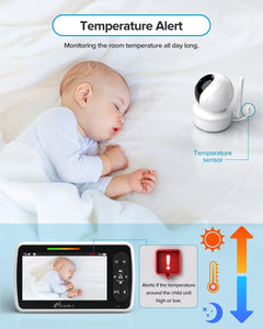 Baby Monitor - Large 5" Screen with 30Hrs Battery Life - Remote Pan-Tilt-Zoom;No Wifi, Two-Way Audio, Night Vision, Temperature, Lullabies, 960Ft Long Range Baby Monitor with Camera and Audio