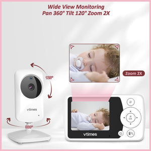 Baby Monitor with Camera and Audio, Video Baby Monitor No Wifi Night Vision, Portable Baby Camera VOX Mode Pan-Tilt-Zoom Alarm and 1000Ft Range, Ideal for Gifts