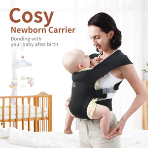 Newborn Carrier,  Cozy Baby Wrap Carrier(7-25Lbs), Baby Carrier, with Hook&Loop for Easily Adjustable, Soft Fabric, Black