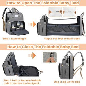 Fashionable Mommy Bag Folding Baby Bed Mother Large Capacity Portable Milk Bottle Diaper Double Shoulder Mom'S Bag